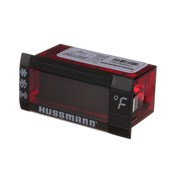 A red and black digital thermometer with a Hussmann logo.