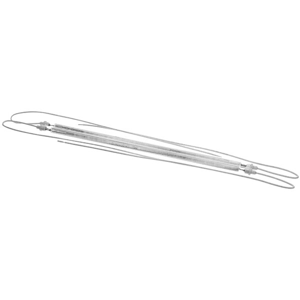A pair of silver Vollrath heating elements with long silver wires.