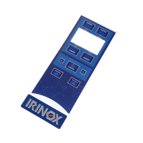 An Irinox blue rectangular touch pad with white text.