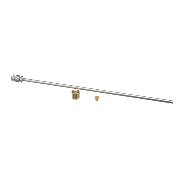 A stainless steel pipe with a brass nut on a long metal rod.