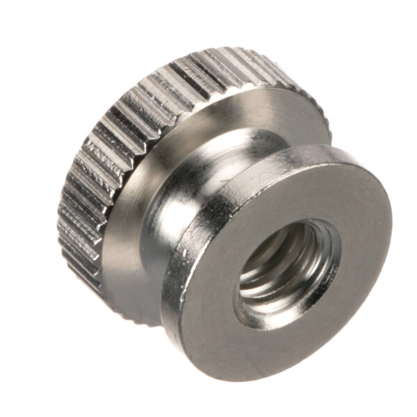 A stainless steel thumbscrew with a round nut on top.