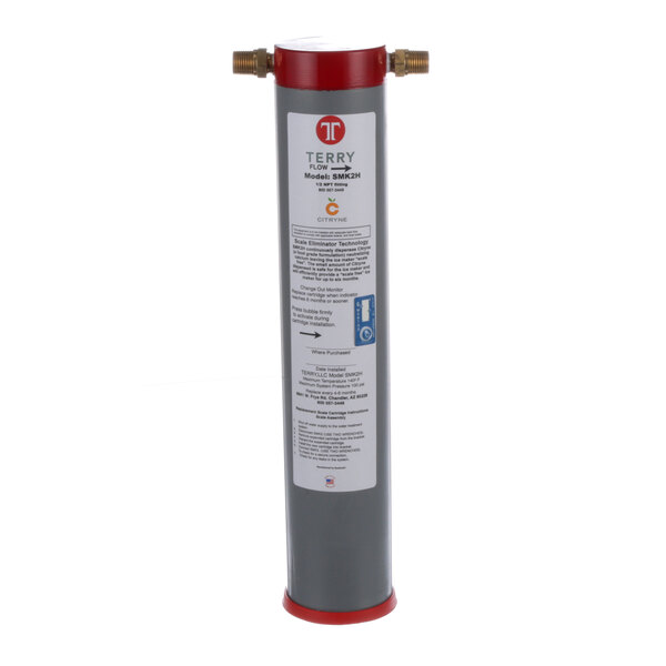 A grey water filter with red accents and white label.