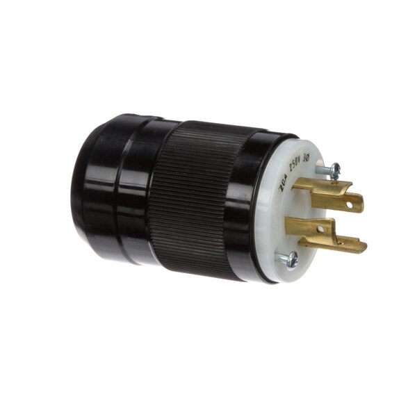 A black and white Advance Tabco electrical plug with gold connectors.