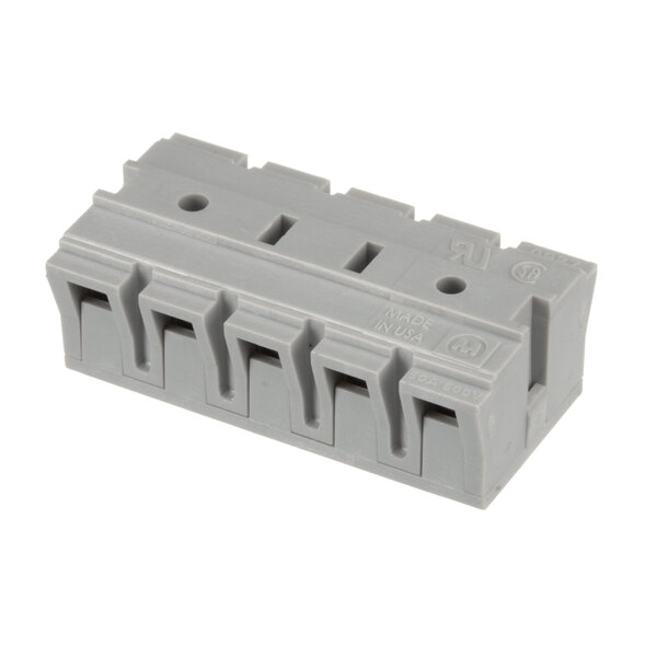 A grey Lincoln 4-pole terminal block with holes.