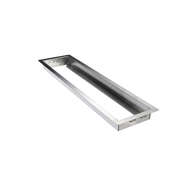 A rectangular stainless steel frame with holes and a handle on it.