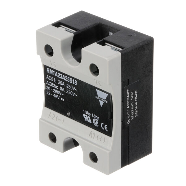 A Piper Products 705730 relay, a black and white electrical device with a small circuit breaker inside.