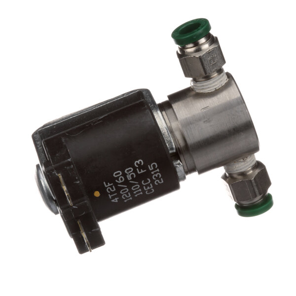 A close-up of a Super System solenoid valve with a green handle.