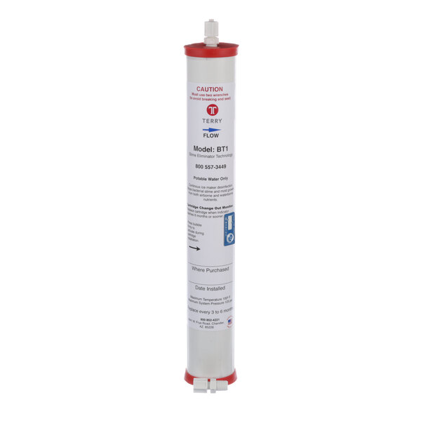 A white and red Bio Tech water filter cartridge with a red cap and label.