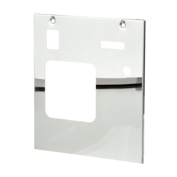 A silver rectangular Donper America front panel with a square hole in it.