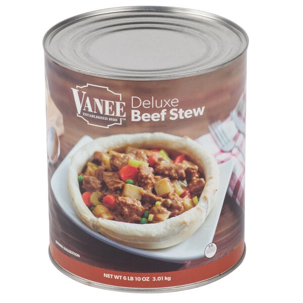 A Vanee #10 can of Deluxe beef stew on a table.