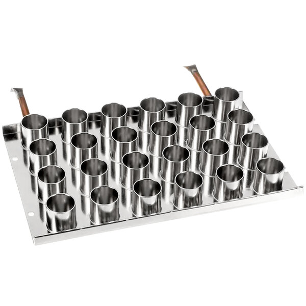 A metal tray with metal cylinders in it.