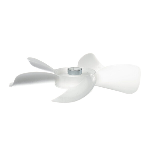 A close-up of a white LBC Bakery Equipment fan blade propeller.