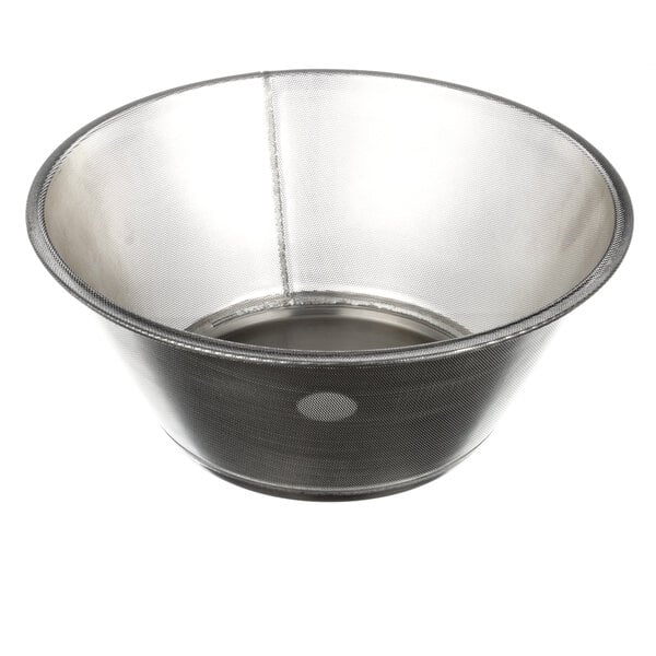 A metal bowl with a black rim and a mesh inside.