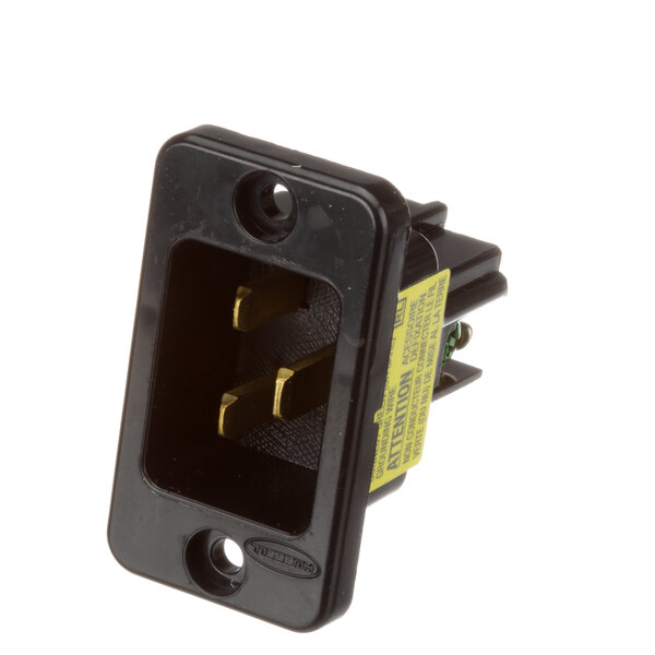 A black electrical plug with a yellow socket.