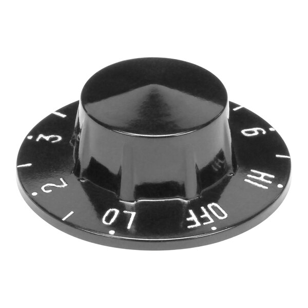 A black plastic knob with white numbers on it.