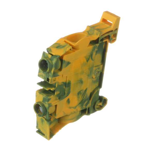 A close up of a yellow and green Pizzamaster terminal block connector.
