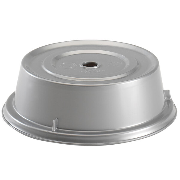 A silver metallic Cambro plate cover with a hole in the top.
