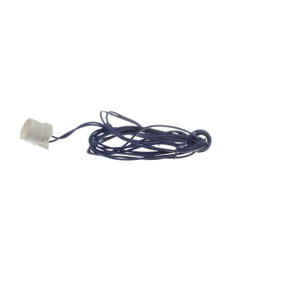 A white plastic object with a blue wire and white cap.