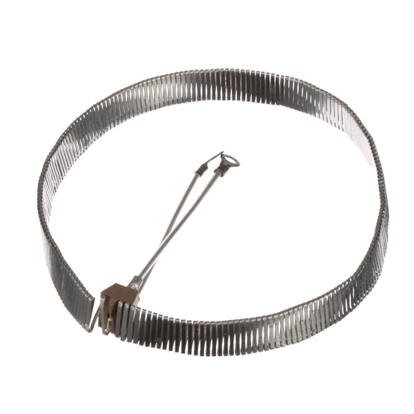 A metal spiral with a metal band and a metal clip at the end.