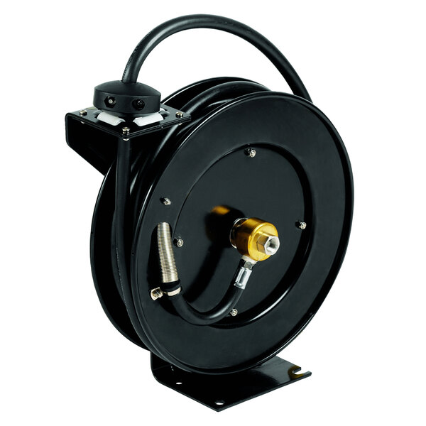 A black Equip by T&S hose reel with a gold handle and hose.