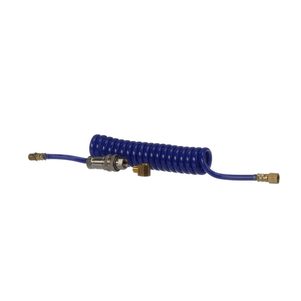 A blue Frymaster hose with a metal nut.