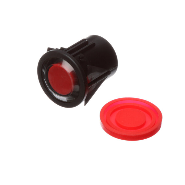 A red and black Ayrking stop button with a round red lid.