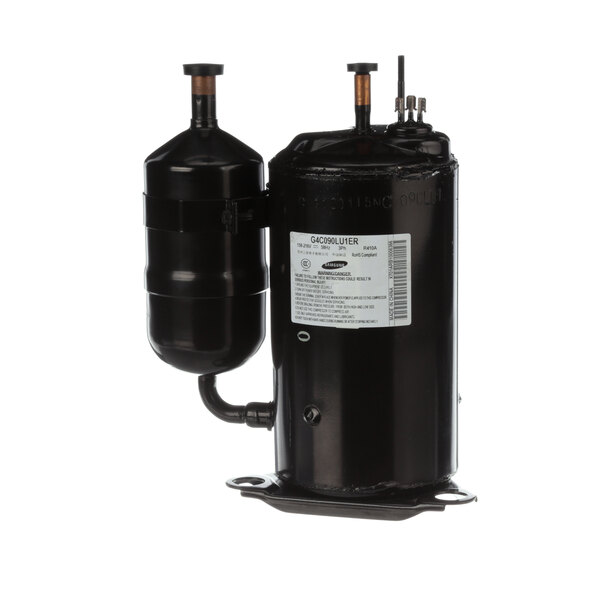 A black Sanyo refrigeration compressor with two pipes.