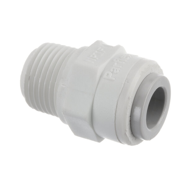 A white plastic Super System compression fitting with a grey connector.