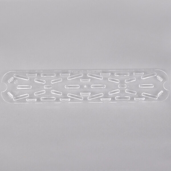 A clear plastic Cambro drain tray with holes.