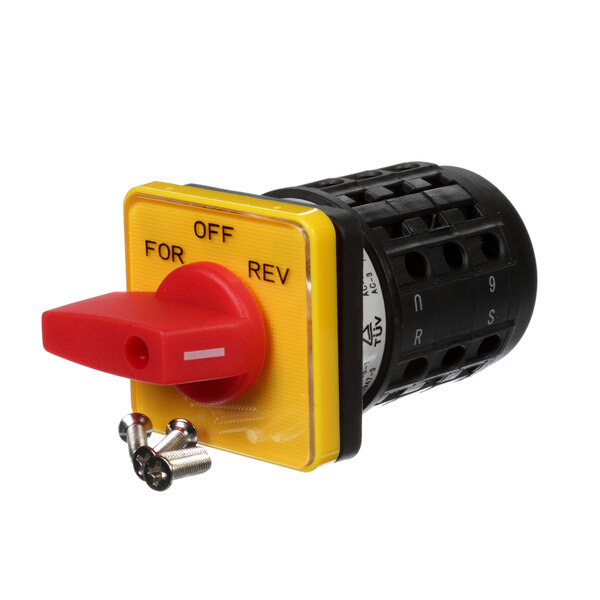 A yellow and black Anvil America switch with a red button.