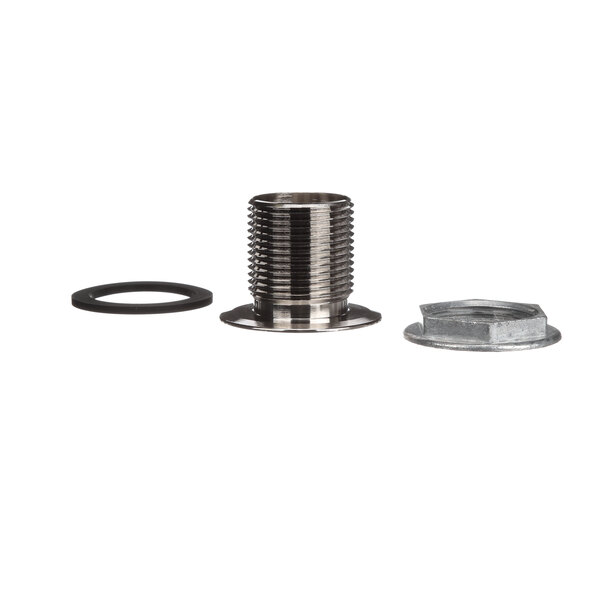 A stainless steel threaded nut and washer for an Encore sink drain.