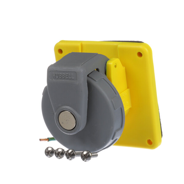 A close-up of a yellow and gray Hubbell HBL320R4W receptacle with screws.