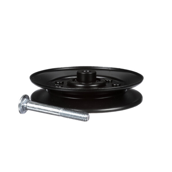 A black Trane idler pulley wheel with a bolt on it.