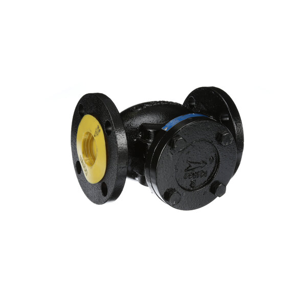 A black and yellow Somat check valve with a yellow center.