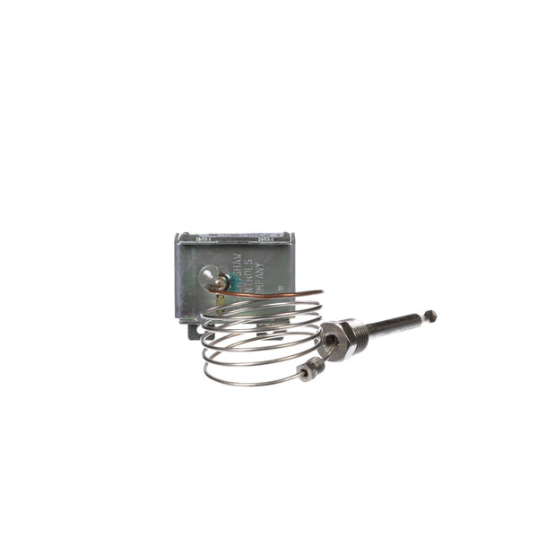 A Royal Range 3112 fryer hi-limit thermostat with a coil and wires attached.