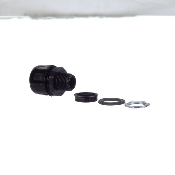 A black plastic Hobart conduit connector with a metal ring.