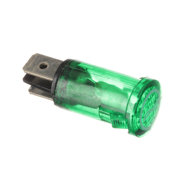 A green indicator light with a black cap on a white background.
