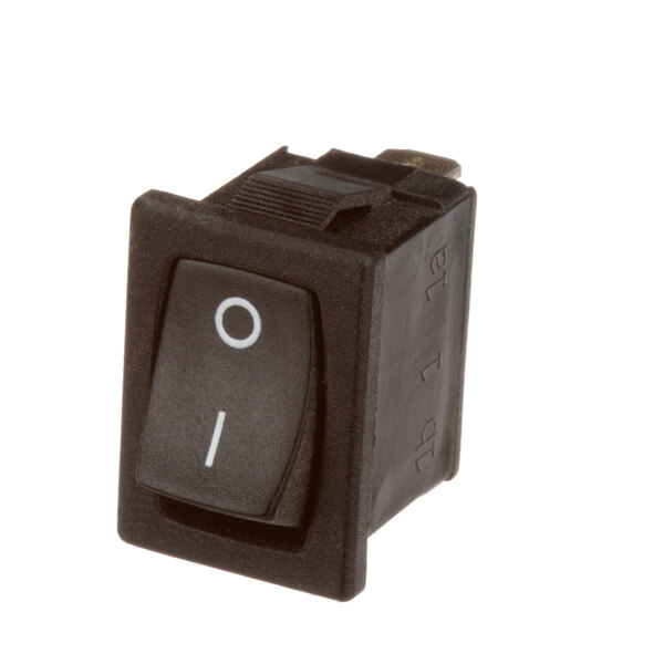 A black rectangular toggle switch with white text on it.