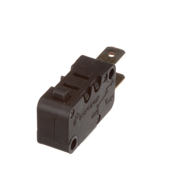 A black plastic electrical microswitch with a metal strip.