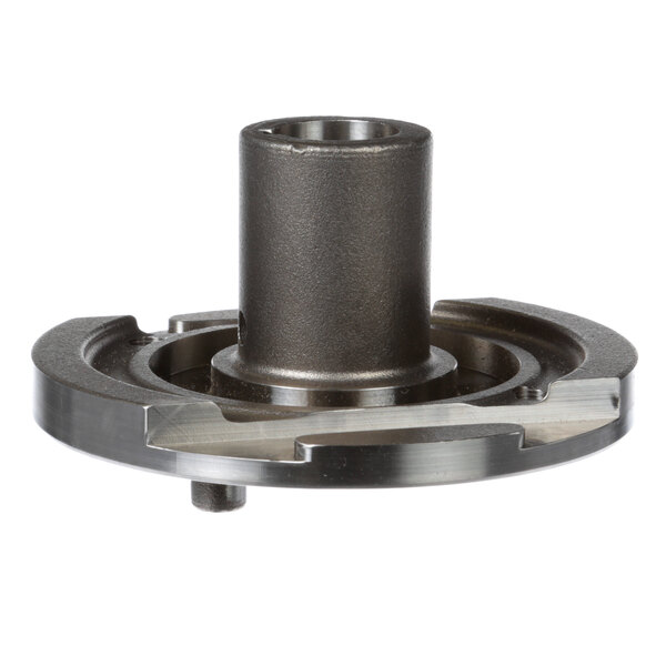 A metal impeller with a round center and black cover.