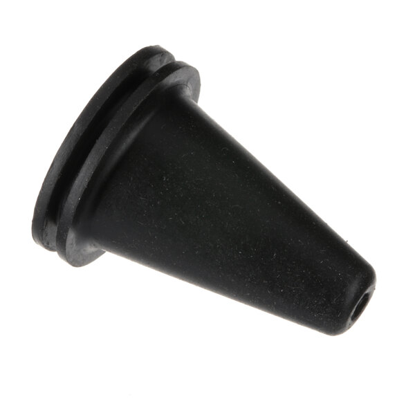 A black plastic cone with a hole and a black rubber seal.