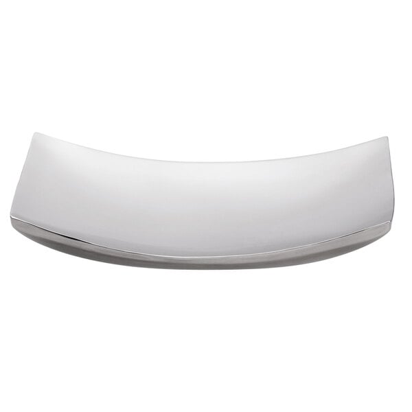 A silver plate with a curved edge.