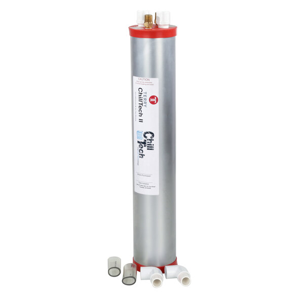 A silver cylinder with red caps and two pipes.
