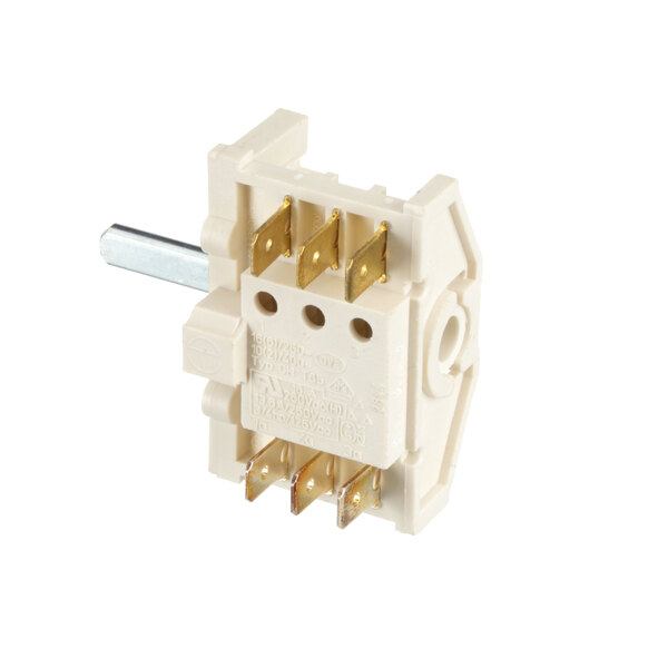 A close-up of a white Rotisol electrical switch with gold metal pins.