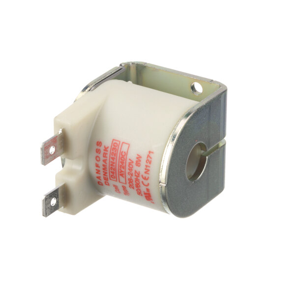 A small white and silver metal solenoid with a red wire.