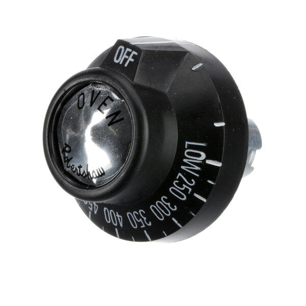 A close-up of a black Therma-Tek knob with white text.