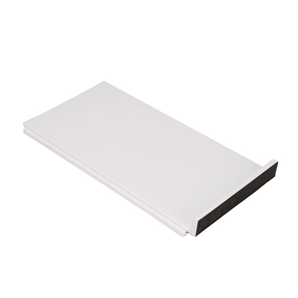 A white rectangular shelf with black trim.