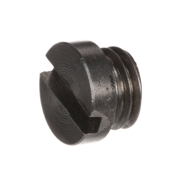 A close-up of a black metal screw with a black plastic cap.