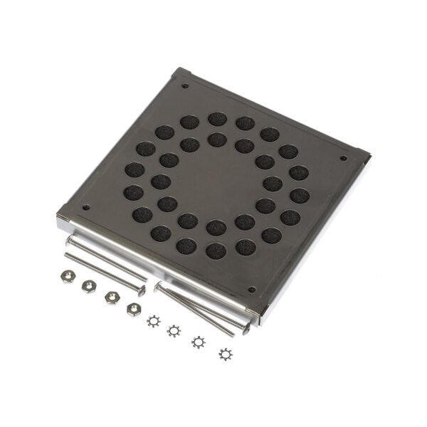 A metal plate with black circles and screws on a metal square.