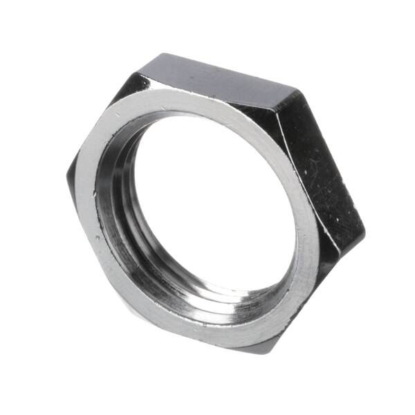A close-up of a stainless steel hexagon nut.